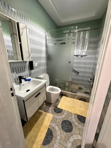 a bathroom with a sink and a toilet and a shower at Arek Condos Accra in Sotuom