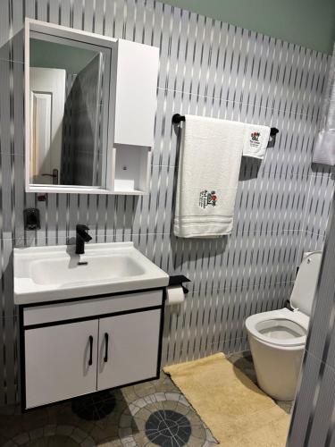 a bathroom with a sink and a toilet at Arek Condos Accra in Sotuom