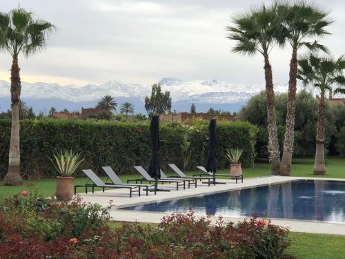 ein Pool mit Liegestühlen und Palmen und Bergen in der Unterkunft Villa Chocolat Deluxe in Marrakesch