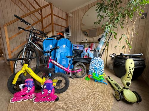 a group of childrens toys sitting on the floor in a room at Casa Manzano ideal para Familias in Puerto Varas