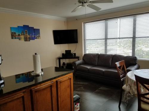 a living room with a couch and a television at One Bedroom Downtown in Jacksonville