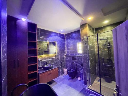 a bathroom with a shower and a sink and a toilet at Nova Rise Apartment - Large 3BR with Wifi PS5 247 Power Smart TV in Lekki