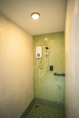 a bathroom with a shower in a green wall at Carnarvon 73 in George Town