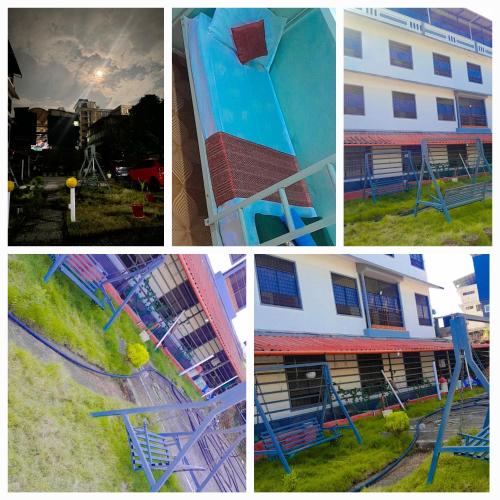 a collage of four pictures of a building and a stair case at Happy Living Dormitory Kannur in Kannur