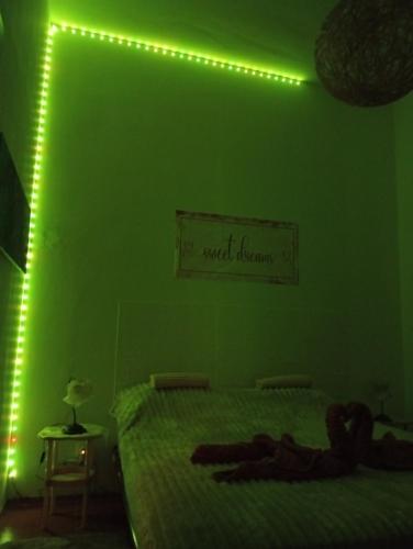 a green room with a bed with a sign on the wall at Sunflower in Tavarone