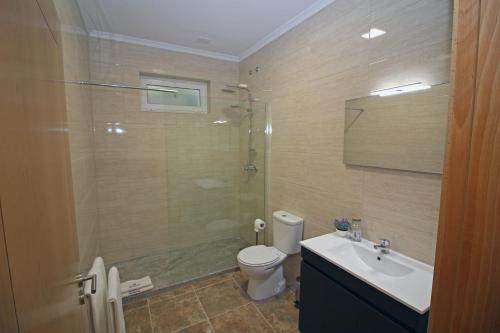a bathroom with a shower and a toilet and a sink at Geresiana Apartamentos in Geres