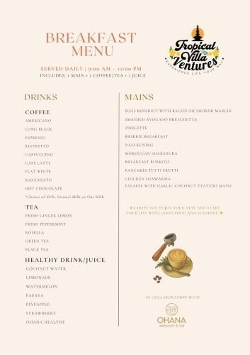 een menu voor het ontbijt oost menu bij Tropical Villa Asmara - 400sqm Garden Oasis with large Pool and Scenic Views in Uluwatu