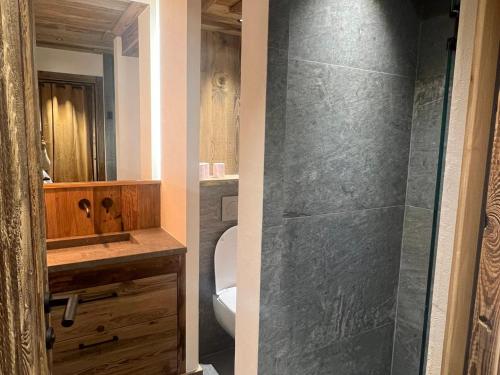 a bathroom with a toilet and a glass shower at Appartement neuf 7 pers, 3 chambres avec balcon et parking à Val-d'Isère - FR-1-519-43 in Val dʼIsère