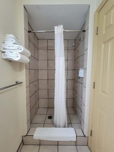 a shower with a white shower curtain in a bathroom at Americas Best Value Inn-Williams/Grand Canyon in Williams