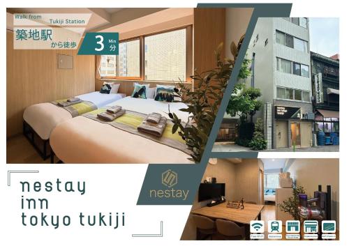 a collage of three pictures of a hotel room at nestay inn tokyo tsukiji in Tokyo