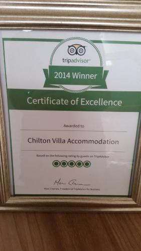 a framed picture of a certificate of excellence at Chilton Villa B&B in Sandwich