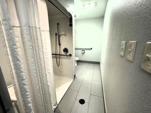 a bathroom with a shower and a toilet at Microtel Inn & Suites by Wyndham Tuscaloosa East in Cottondale