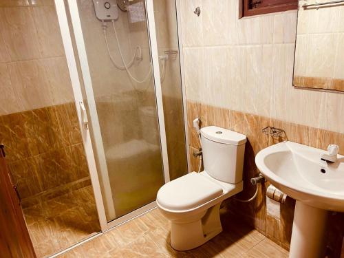 a bathroom with a shower and a toilet and a sink at Anandas Beach Resort in Trincomalee