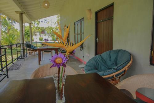 a vase with a purple flower sitting on a table at Villa Gaetano Unawatuna in Unawatuna