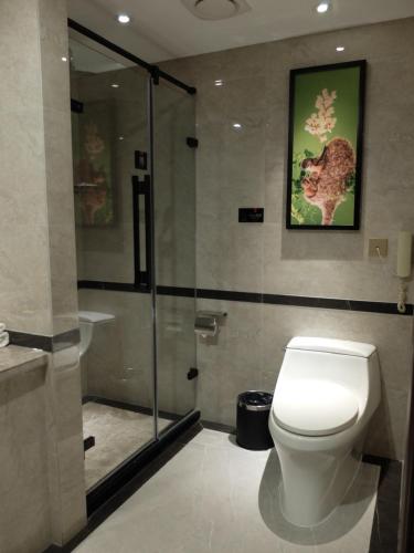 a bathroom with a toilet and a shower at Beijing Xixi Friendship Hotel nearby Xidan Shopping Street, Tian'An Men Square, Forbidden City, Houhai & Jingshan Park in Beijing