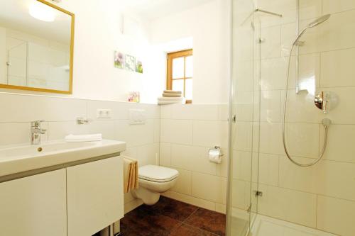 a bathroom with a shower and a toilet and a sink at Haus Bergblick in Reit im Winkl