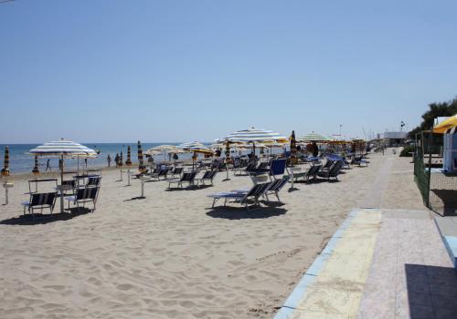 a row of chairs and umbrellas on a beach at Al Villino del Sole in Fano
