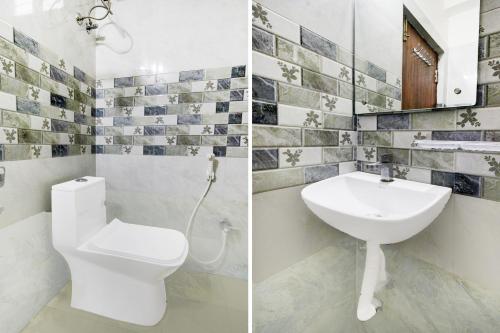 two pictures of a bathroom with a toilet and a sink at Super Collection O DLF CyberCity Hyderabad Formerly Key Suites in Kondapur