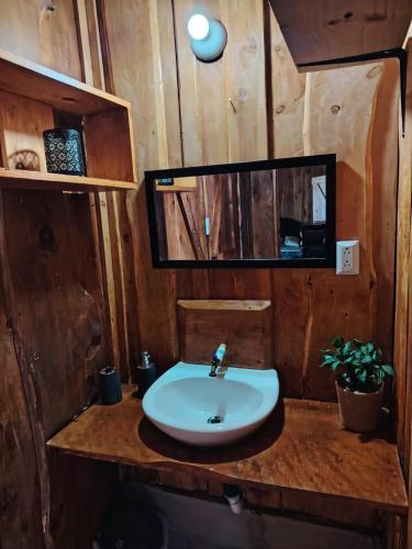 a bathroom with a sink and a mirror at Cabaña doña Alicia in El Copey