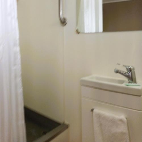 a white bathroom with a sink and a mirror at Tongariro Junction Accommodation in Turangi