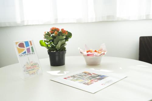 a white table with a plant and a pamphlet at Hotel Sharing in Turin