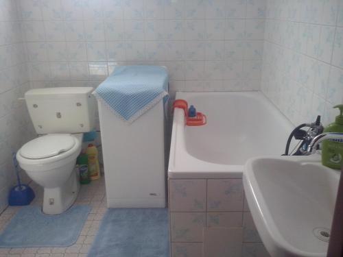 ein Badezimmer mit einem WC, einer Badewanne und einem Waschbecken in der Unterkunft Retro Cottage Osturna in Osturňa
