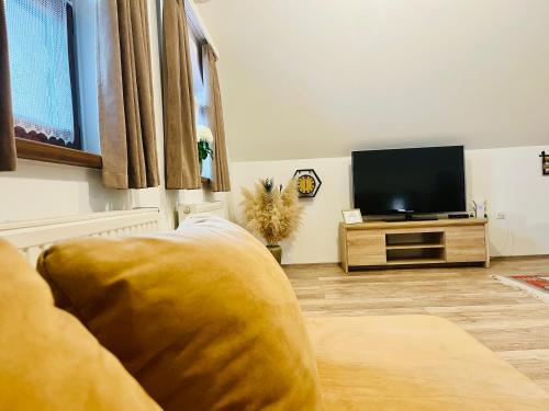 a living room with a couch and a flat screen tv at Apartman Maša in Brdovec