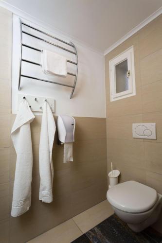 a bathroom with a toilet and towels on a wall at Smileys Seehäuschen in Seeboden