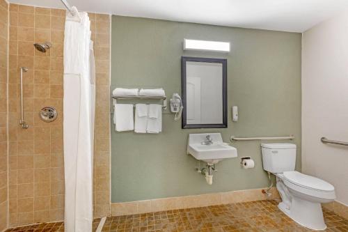 a bathroom with a toilet and a sink and a shower at Quality Inn & Suites Orangeburg in Orangeburg