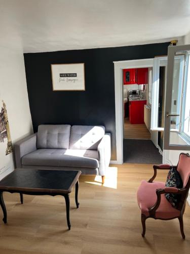un salon avec un canapé et une table dans l'établissement Duplex La Maisonnette 1 chambre - parking gratuit, à Troyes