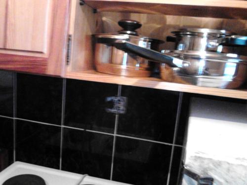 a kitchen shelf with pots and pans on it at Apartment Skulova Vodenica in Mokra Gora