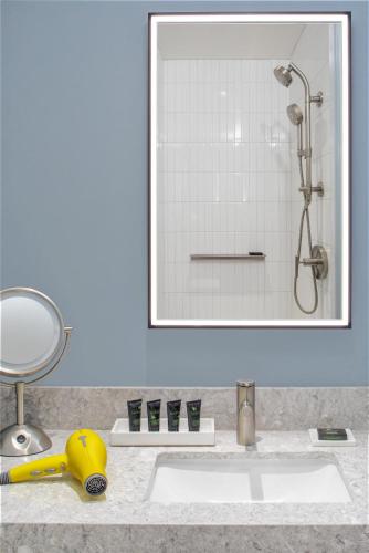 a bathroom sink with a shower and a mirror at Hyatt Centric Center City Philadelphia in Philadelphia