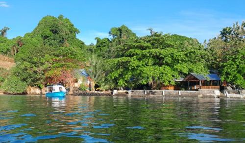 a blue boat in the water next to trees at Bunaken Sunrise Beach in Manado