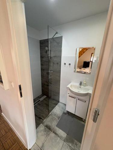 a bathroom with a shower and a sink at Domek Mikołajki in Mikołajki