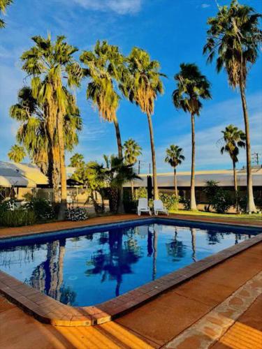 a large swimming pool with palm trees in the background at Bluestone Motor Inn in Tennant Creek