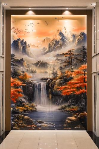 a mural of a waterfall and mountains at Golden Empire Suvarnabhumi Hotel in Bang Kew Yai