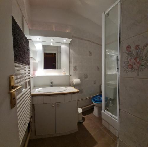 a bathroom with a sink and a shower and a toilet at Appt pied pistes et centre station Superdévoluy chez Locasoleil in Le Dévoluy