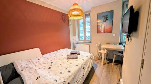 une chambre avec un lit et un bureau dans l'établissement LET'S Studio L'Escale in Lyon, à Lyon