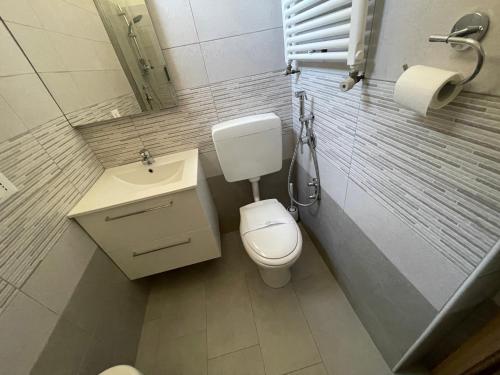 a bathroom with a toilet and a sink and a mirror at Hotel Villa Augusta in Grado