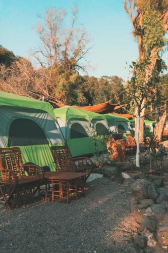 a row of tents with chairs and tables in front at Mosh Achziv Beach in Gesher HaZiw