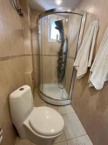 a bathroom with a toilet and a shower at Varna Cathedral Apartments in Varna City
