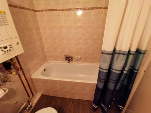 a bathroom with a bath tub and a toilet at Napospart 33 in Balatonlelle