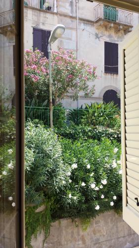 a window view of a garden with flowers and a street light at Sicily Sea House in Gioiosa Marea