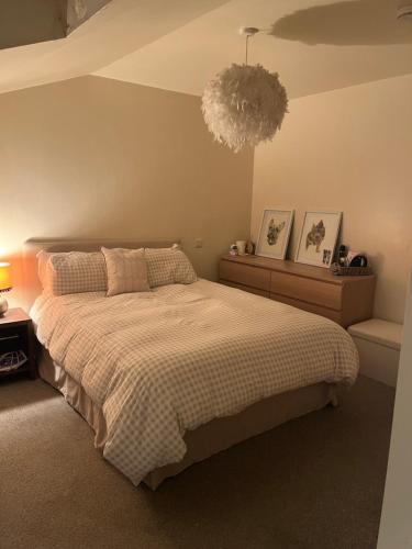 a bedroom with a large bed and a chandelier at Modern apartment with pool table in Lindley