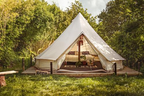 ein weißes Tipi-Zelt im Gras in der Unterkunft Glamping Hive in Čmeliny