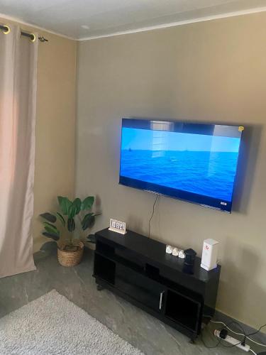 a living room with a flat screen tv on a wall at Forest Views Haven - Flat 2 in Solwezi