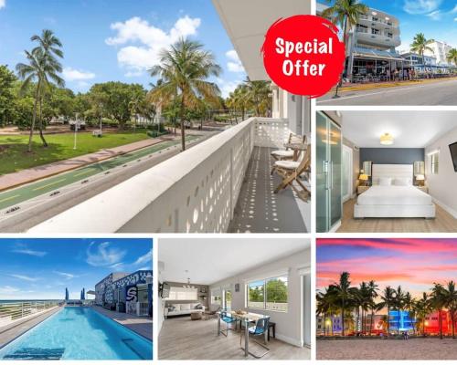 a collage of pictures of a hotel with a sign special offer at Spacious APT on South Beach Roof Top Pool & Bar in Miami Beach
