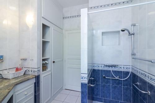 a bathroom with a shower and blue tiles at Chambre D'hôtes Vignols in Vignols
