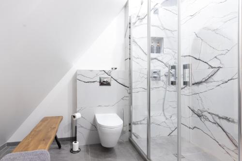 Un baño con inodoro y ducha de cristal. en Le Paradis de Lucile, vue de rêve, Giverny 10 minutes, en La Roche-Guyon