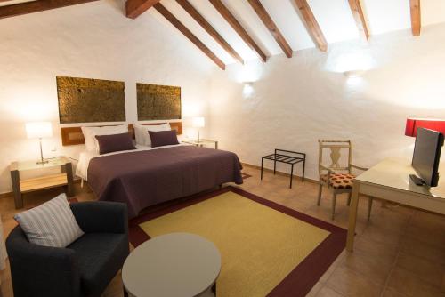 een slaapkamer met een bed, een bank en een tv bij Monte da Corça Nova in Vila Nova de Milfontes